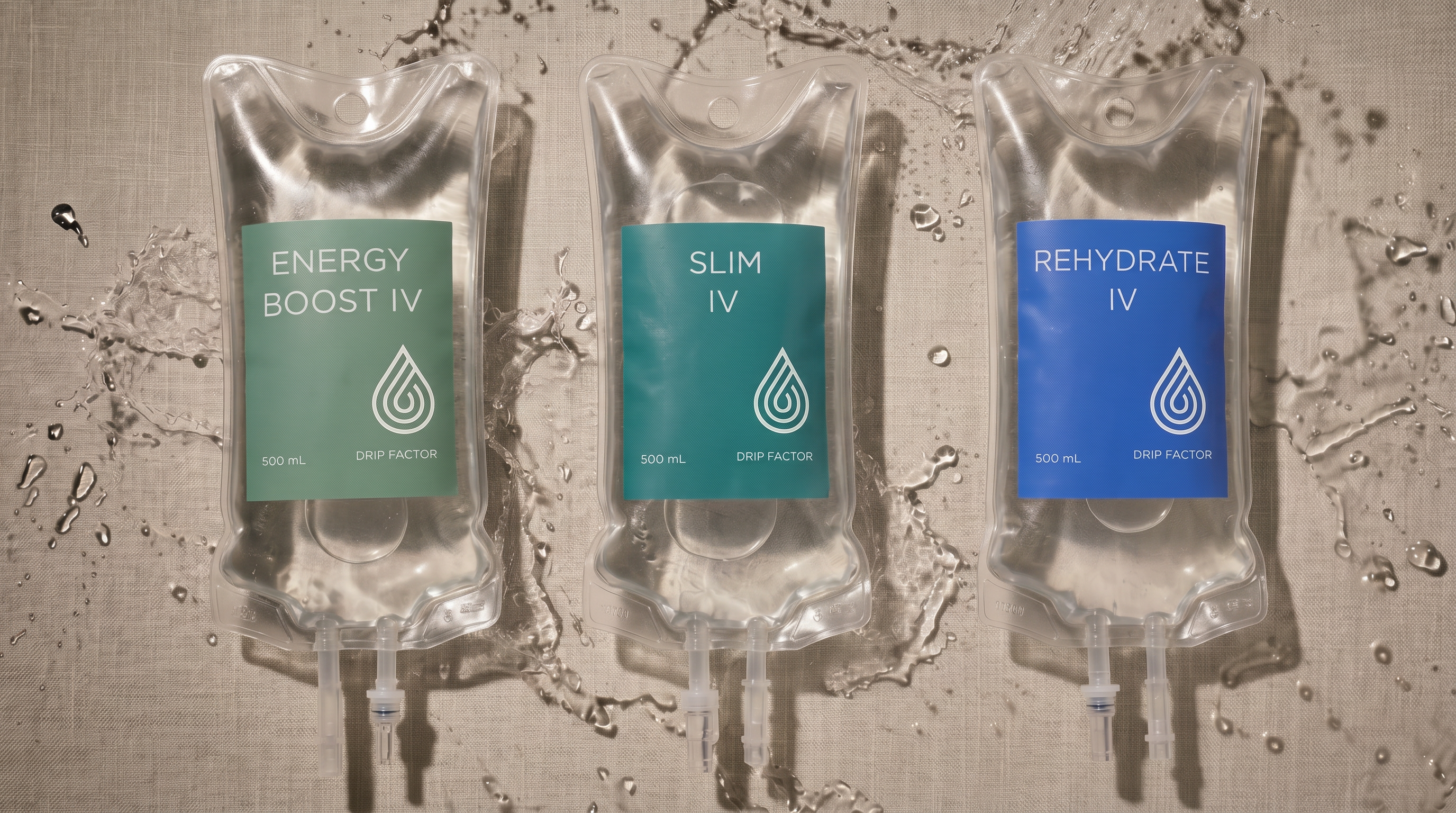 Drip Factor LA IV bags with water splash